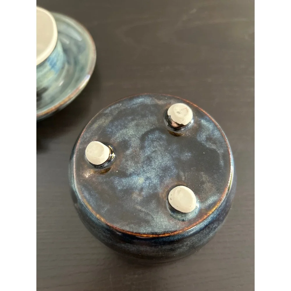 Handmade Studio Pottery Butter Bell French Keeper Blue Green Glaze Leaf Detail